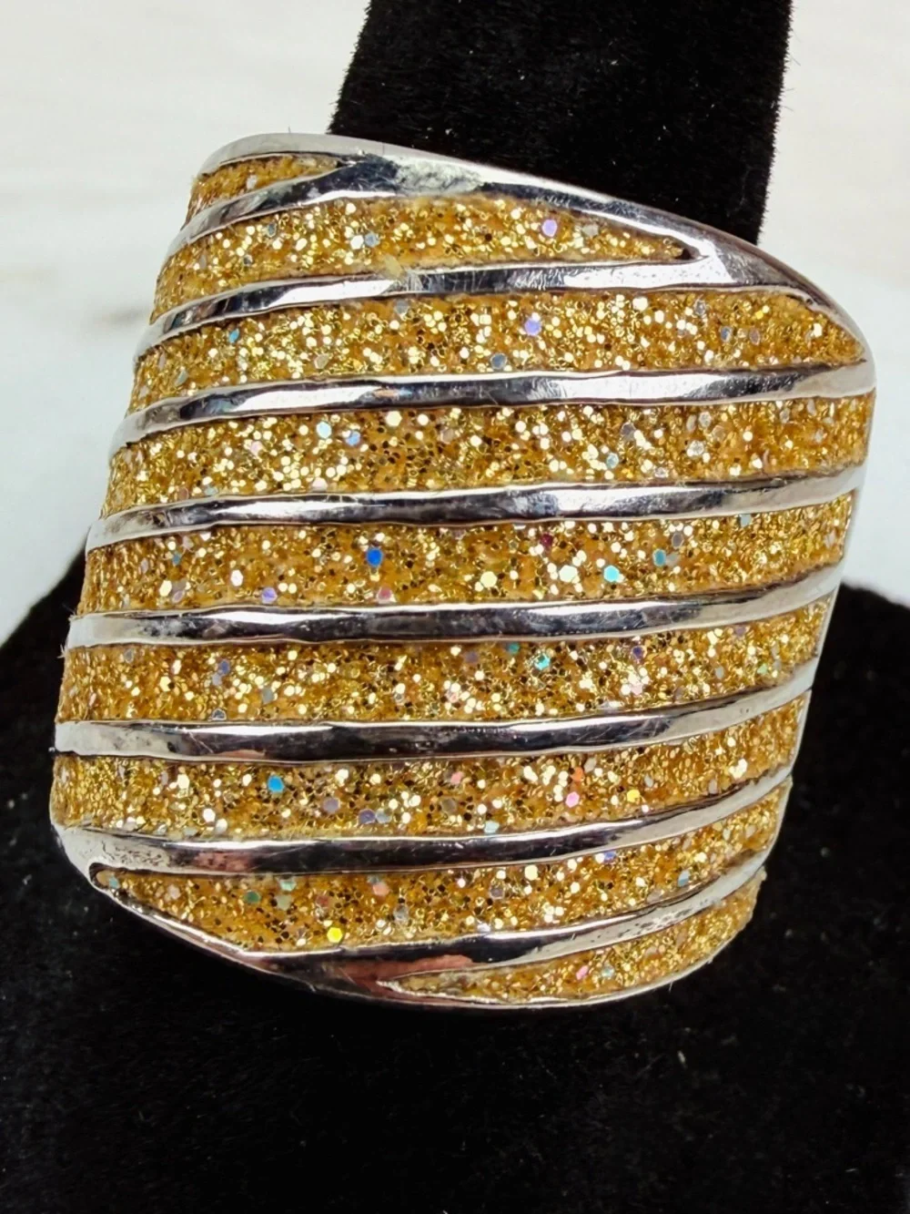 Vintage Heavy Gold Glitter Silver Tone Wide Statement Ring Chunky Cocktail 7 1/2